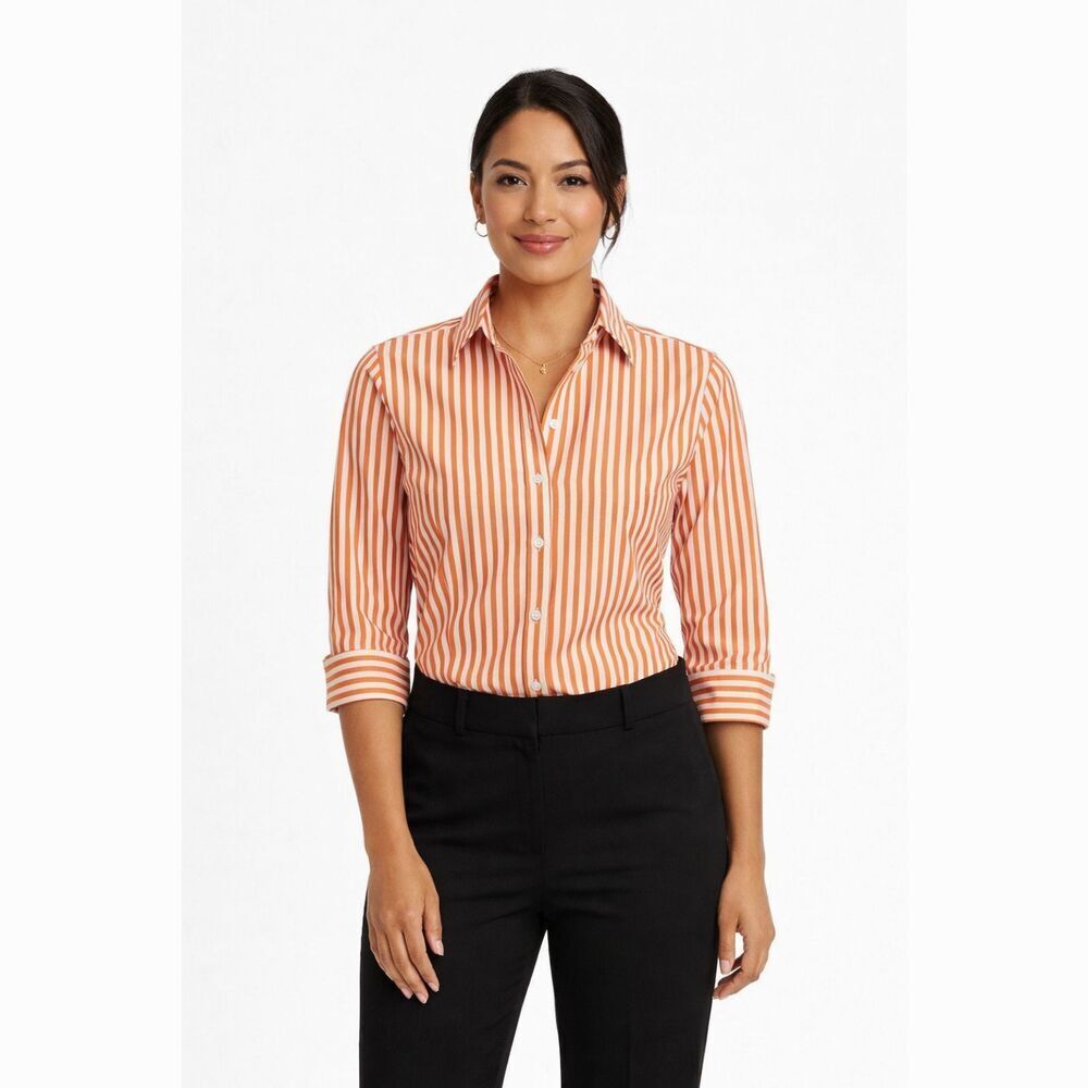 Liz Claiborne Womens 10 Striped Button Up Shirt Non Iron 3/4 Sleeve
